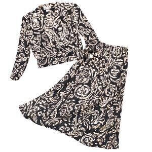 Sz Lg Vintage SANTA CRUZ Black White Abstract Floral Rayon 2-Piece Set Skirt Set